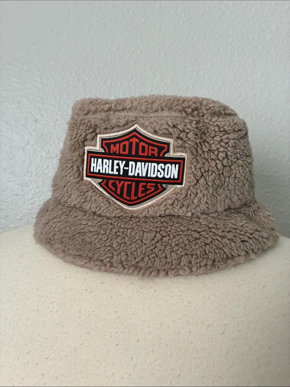 Harley-Davidson Baby Toddler Cream Sherpa Bucket Hat Orange Black Patch 6-24 Mo.
